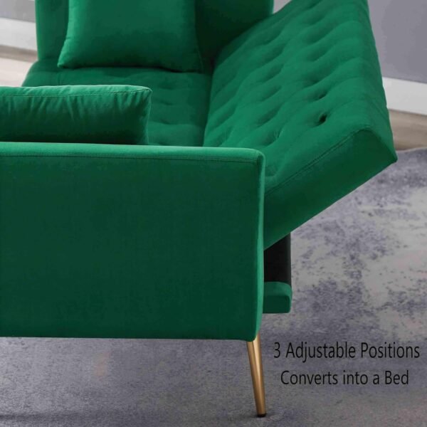 Velvet Sofa Bed Futon w/2 Pillows, Modern Convertible Sleeper Couch, Folding Upholstered Recliner Loveseat, 3-Angle Adjustable, 2-in 1Memory Foam Living Seat for Office Studio (Green) - Image 3