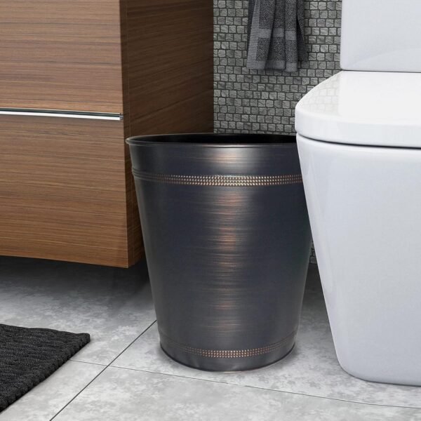 Small Round Metal Wastebasket- Beaded Recycle Trash Can 2.5 Gallon, Open top Garbage Container Bin for Bathrooms, Kitchen, Bedroom, Home Office - Durable Steel - Oil Rubbed Bronze Finish - Image 2
