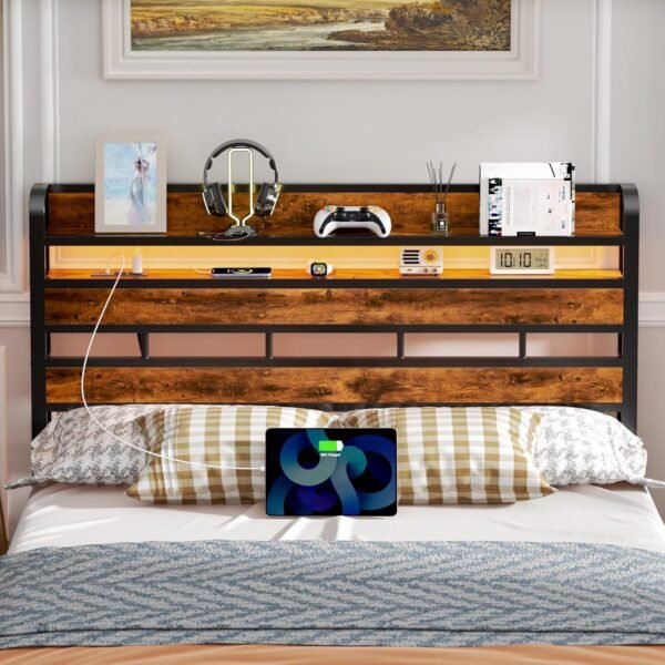 Furnulem Queen Size Headboard Storage 2 Tier Headboard with USB Ports for Dorm LED Light College Headboard Shelf Height Adjustable Modern Style Headboard with Charging Station Rustic Brown - Image 2