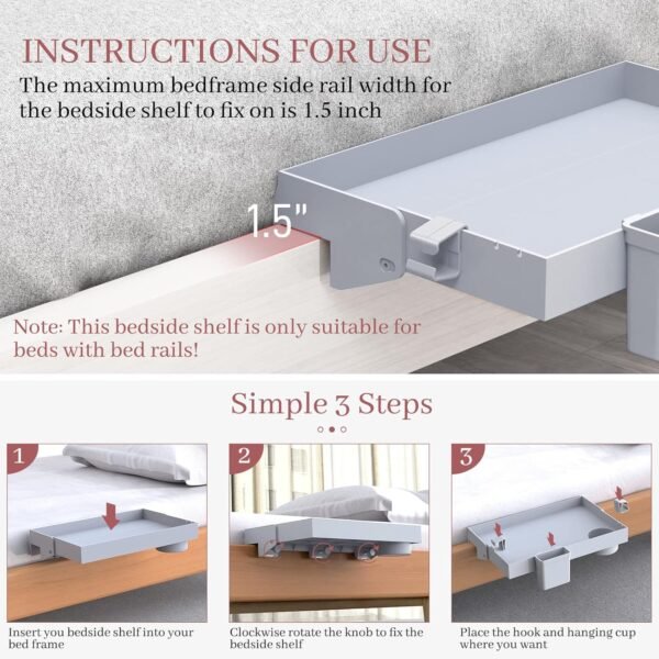 SOLEJAZZ Bedside Shelf for Bed, Foldable Bunk Bed Shelf Clip On Nightstand Tray College Dorm Room Essential Table Caddy with Cup Holder for Top Bunk Organizer Bedroom, Normal Size, Grey - Image 7