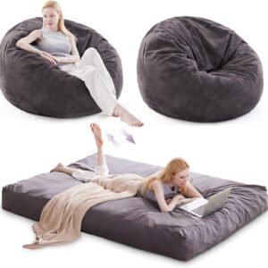 Giant Bean Bag Chair, Large Bean Bag Chairs for Adults, Convertible Bean Bag Bed, Big Beanbag Chair with Microfiber Cover, Huge Bean Bag Couch Sofa Floor Bed Mattress, Foam Filler (Black Queen)