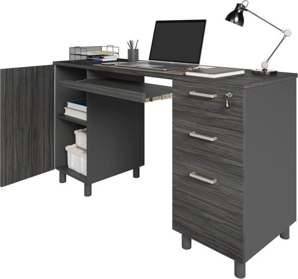 Modern Design By Crafts & comfort Venice Computer Desk - Office Desk with 3 Drawers & CPU Storage Cabinet - Laptop Workstation with Keyboard Tray & Cable Hole - Home & Office Supplies -Slate/Black - Image 6