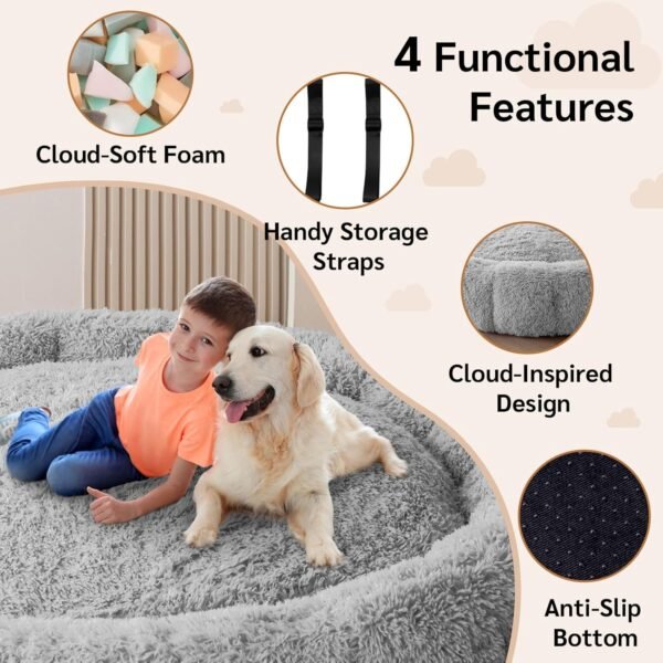 BYBYME Fluffy Soft Bean Bag Bed, Human Round Cloudy Dog Bed, Extra Wider Full Floor Mattress with Long Faux Fur Cover, Grey, 80x80 Inch - Image 6
