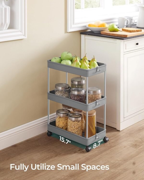 SONGMICS Slim Storage Cart, 3-Tier Rolling Cart, Narrow Utility Cart on Wheels, 6 Hooks, 360° Swivel Wheels, Lockable, Steel Frame, Bathroom, Kitchen, Office, Dove Gray UKSC009G01 - Image 4