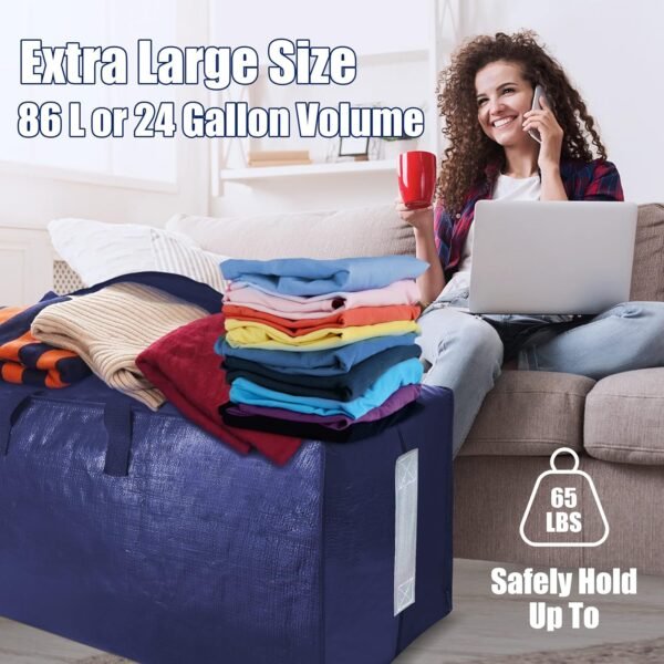 SWEET DOLPHIN 12 Pack Extra Large Moving Bags with Strong Zippers & Carrying Handles, Heavy Duty Storage Tote for Space Saving Moving Storage, Fold Flat, Alternative to Moving Box (Navy Blue) - Image 7