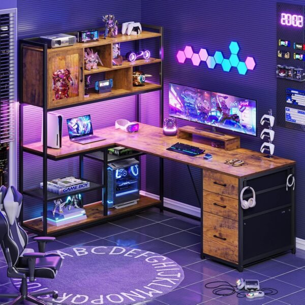 SEDETA L Shaped Computer Desk, 58'' Office Desk with 3 Drawers and Bookshelf, L Shaped Corner Desk with Storage Shelves and LED Light for Home Office, Gaming Desk, L Desk, Rustic Brown - Image 6