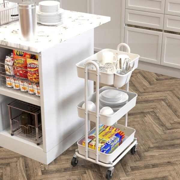 Simple Houseware 3-Tier Kitchen Multifunctional Rolling Utility Cart with Hanging Bucket, White - Image 9