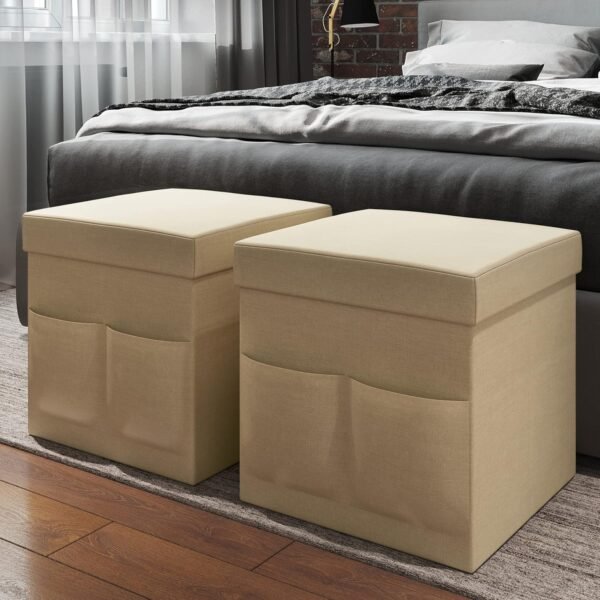 Set of 2 Ottomans with Storage Pockets - 15-Inch Folding Foot Rests or Storage Organizers for Bedroom, Living Room, or Dorm by Lavish Home (Beige) - Image 4