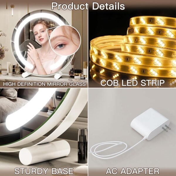 FENNIO Vanity Mirror with Lights, 13 inch COB LED Lighted Makeup Mirror, Round Makeup Mirror with Lights with 3-Color Lighting, 360° Rotation, Dimmable for Tabletop, Bedroom - Image 6