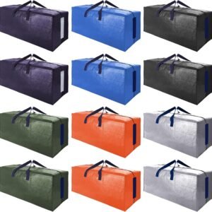 SWEET DOLPHIN 12 Pack Extra Large Moving Bags with Strong Zippers & Carrying Handles, Heavy Duty Storage Tote for Space Saving Moving Storage, Fold Flat, Alternative to Moving Box (Multicolored)