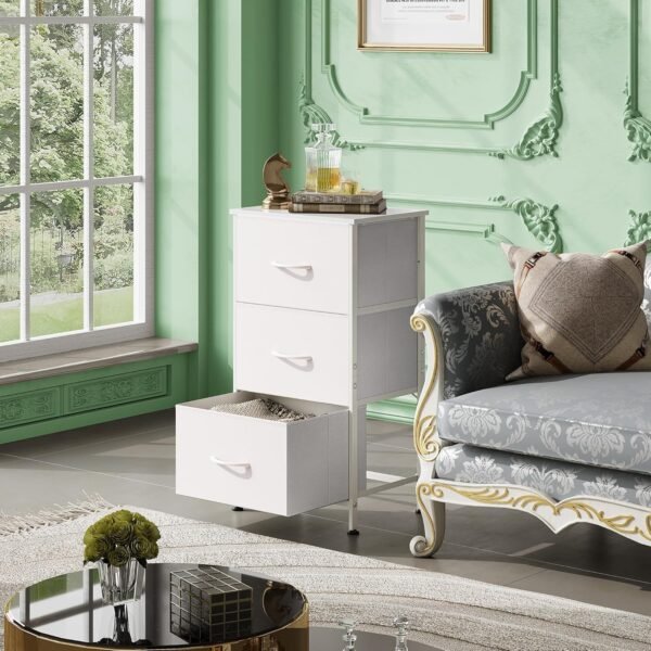 WLIVE Nightstand with 3 Drawers, Fabric Dresser, Organizer Unit, Storage Dresser for Bedroom, Hallway, Entryway, Closets, Sturdy Steel Frame, Wood Top, Easy Pull Handle, White - Image 4