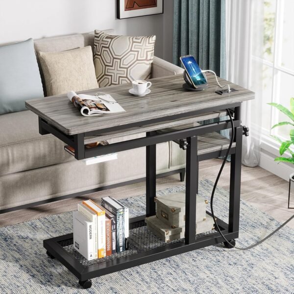Tribesigns Small Portable Desk with Power Outlet, Height Adjustable Sofa Couch Bedside Laptop Table with Wheels, Mobile Standing Desk Rolling Computer Cart C Side Table with USB Ports - Image 3