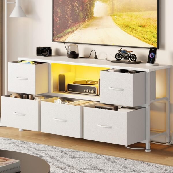 Lulive TV Stand Bedroom, White Dresser TV Stands LED, Small TV Stand with 5 Drawers Storage for 50 55″ TV, TV Stand Living Room w/Power Outlets, Open Shelve, Entertainment Center with Storage - Image 8