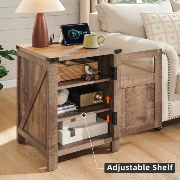 JXQTLINGMU Farmhouse End Table with Charging Station, 18'' Rustic Nightstand with Barn Door & Adjustable Shelf, Wooden Sofa Side Table with 3-Tier Storage for Living Room, Bedroom, Light Brown - Image 4