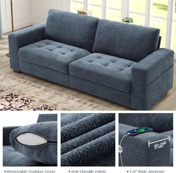 89 Inch Sofa Couch, Modern 3 Seater Couch with Removable Covers and USB Ports, Large Chenille Comfy Sofa for Living Room, Oversized Loveseat Sofa for Apartment(Blue) - Image 5