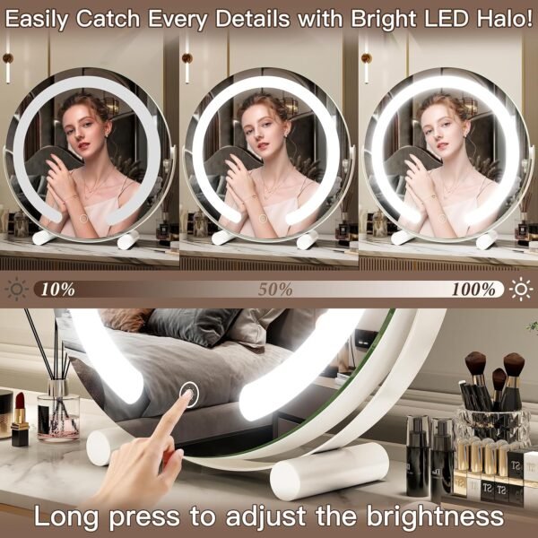 FENNIO Vanity Mirror with Lights, 13 inch COB LED Lighted Makeup Mirror, Round Makeup Mirror with Lights with 3-Color Lighting, 360° Rotation, Dimmable for Tabletop, Bedroom - Image 4