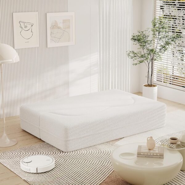 78" Teddy Loveseat Sofa Cloud Couch, 2 in 1 Convertible Sleeper Sofa Bed Full Size, Modern Boucle Floor Sofa Guest Bed with 2 Pillows for Living Room Apartment Office (Beige) - Image 7