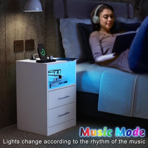 PrimeZone LED Nightstand with Charging Station - Modern End Table Bedside Table with 3 USB Ports, Wooden Bedroom Night Stand with 2 Drawers & Open Storage, White, Set of 2 - Image 7