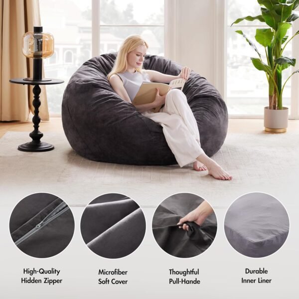 Giant Bean Bag Chair, Large Bean Bag Chairs for Adults, Convertible Bean Bag Bed, Big Beanbag Chair with Microfiber Cover, Huge Bean Bag Couch Sofa Floor Bed Mattress, Foam Filler (Black Queen) - Image 3