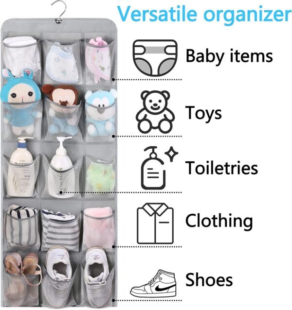 MISSLO 30 Large Pockets Dual Sided Hanging Shoe Organizer for Closet with Rotating Hanger and 10-Shelf Hanging Shoe Rack with Mesh Pockets for Shoes, Folded Clothes and Toys, Grey - Image 8