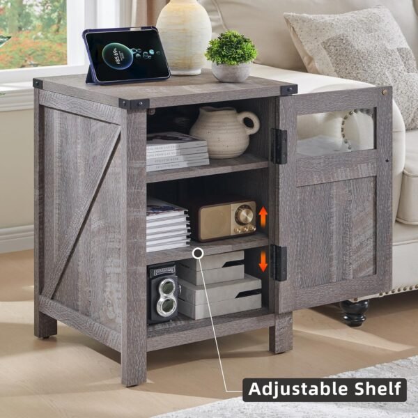 JXQTLINGMU Farmhouse End Table with Charging Station, 18'' Rustic Nightstand with Barn Door & Adjustable Shelf, Wooden Sofa Side Table with 3-Tier Storage for Living Room, Bedroom, Gray - Image 4