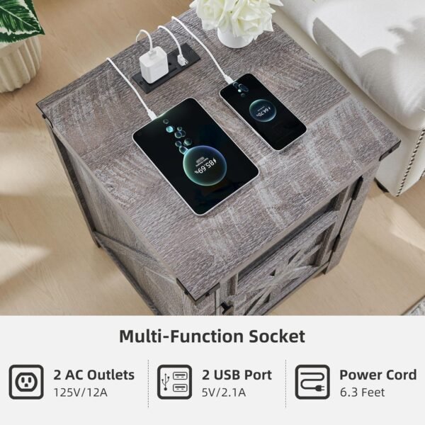 JXQTLINGMU Farmhouse End Table with Charging Station, 18'' Rustic Nightstand with Barn Door & Adjustable Shelf, Wooden Sofa Side Table with 3-Tier Storage for Living Room, Bedroom, Gray - Image 3