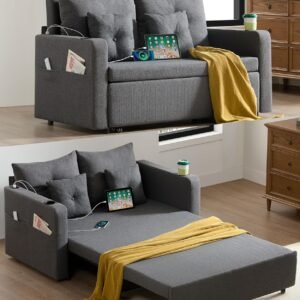 3 in 1 Pull Out Couch, 56 Inch Convertible Sleeper Sofa Bed, Loveseat Sofa with Cup Holders, Storage Pockets, USB, Sofa Couches for Living Room, Bedroom, Apartment, Deep Grey