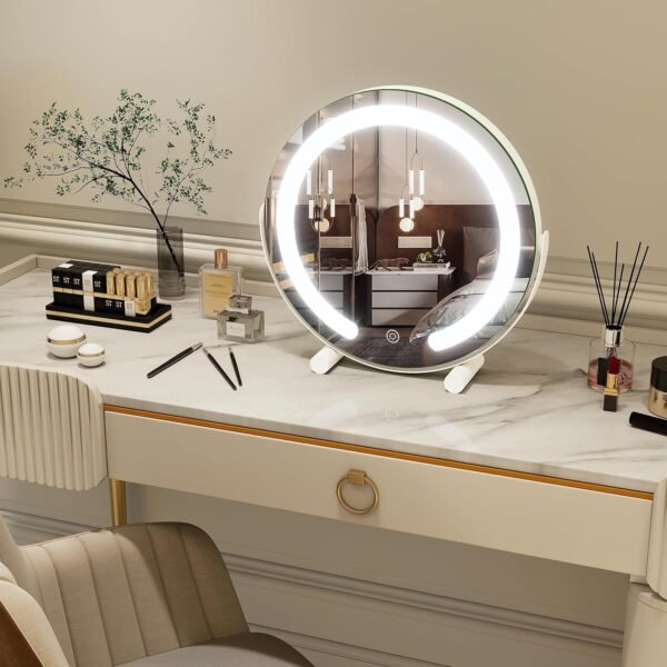 FENNIO Vanity Mirror with Lights, 13 inch COB LED Lighted Makeup Mirror, Round Makeup Mirror with Lights with 3-Color Lighting, 360° Rotation, Dimmable for Tabletop, Bedroom - Image 5