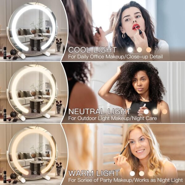 FENNIO Vanity Mirror with Lights, 13 inch COB LED Lighted Makeup Mirror, Round Makeup Mirror with Lights with 3-Color Lighting, 360° Rotation, Dimmable for Tabletop, Bedroom - Image 3