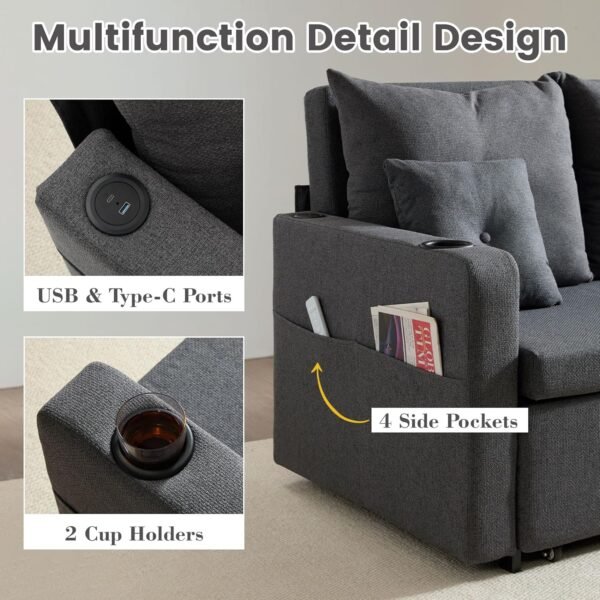3 in 1 Pull Out Couch, 56 Inch Convertible Sleeper Sofa Bed, Loveseat Sofa with Cup Holders, Storage Pockets, USB, Sofa Couches for Living Room, Bedroom, Apartment, Deep Grey - Image 4