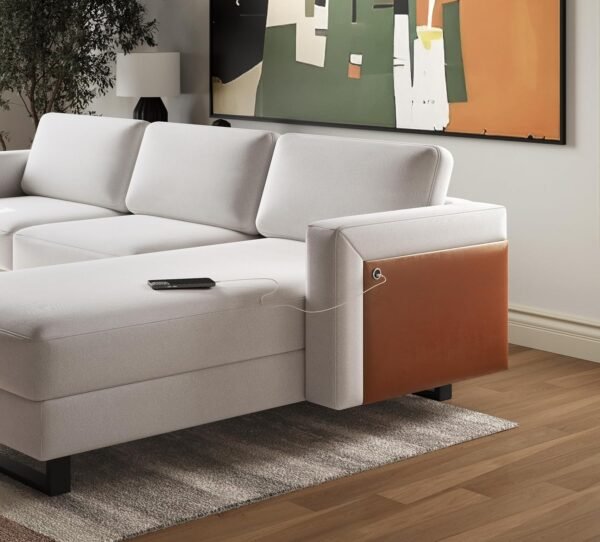 DEINPPA L Shaped Sofa Couch with Charging Port, Convertible Sectional Sofa with Linen Fabric, Modern Couch with Reversible Chaise for Living Room and Small Space, Beige - Image 5
