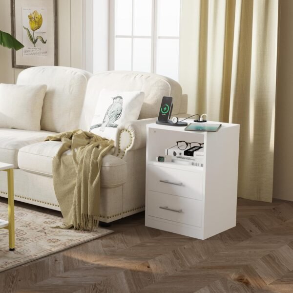PrimeZone LED Nightstand with Charging Station - Modern End Table Bedside Table with 3 USB Ports, Wooden Bedroom Night Stand with 2 Drawers & Open Storage, White, Set of 2 - Image 2