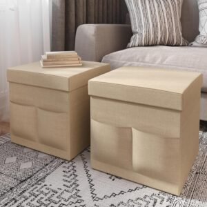 Set of 2 Ottomans with Storage Pockets – 15-Inch Folding Foot Rests or Storage Organizers for Bedroom, Living Room, or Dorm by Lavish Home (Beige)