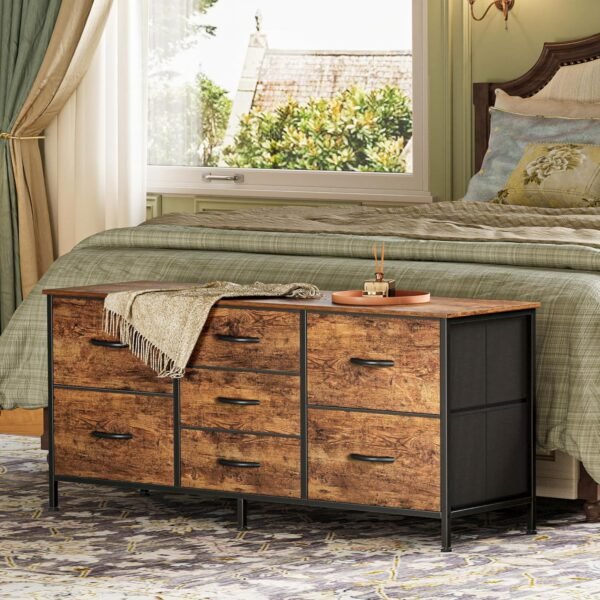 Dresser with 7 Drawers, 47 Inch Dresser TV Stand for 43, 50, 55 Inch TV, Wide Fabric Dresser Chest of Drawers, Metal Frame, Storage Dresser for Bedroom, Nursery, Clothing, Rustic Brown - Image 5