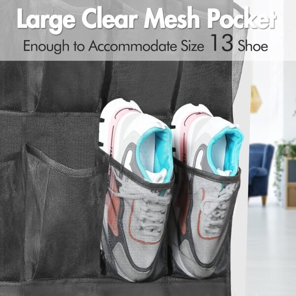 2 Pack Over The Door Shoes Organizers, Behind Door Shoes Hang Holder Rack with 48 Mesh Large Pockets, Clear Fabric Shoes Hanger Storage Organizer Bag for Bedroom,Pantry,Dorm,Black - Image 5