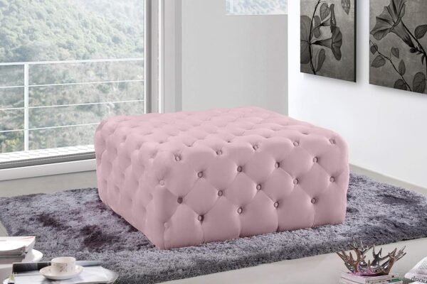 Meridian Furniture Ariel Collection Modern | Contemporary Pink Velvet Upholstered Ottoman/Bench with Deep Button Tufting, Solid Wood Frame, Square, - Image 2