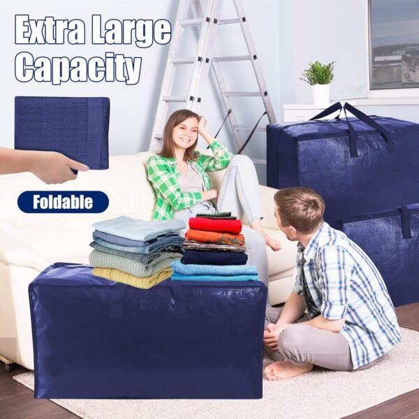 SWEET DOLPHIN 12 Pack Extra Large Moving Bags with Strong Zippers & Carrying Handles, Heavy Duty Storage Tote for Space Saving Moving Storage, Fold Flat, Alternative to Moving Box (Navy Blue) - Image 6