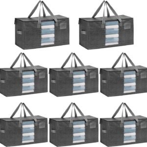 VENO 8 Pack Moving Bags, Comforter and Blanket Storage Bags for Closet, Moving Boxes, Boxes with Lids Alternative, College Dorm Packing Supplies, Foldable Heavy-Duty Tote with Window (Gray, 8 Pack)
