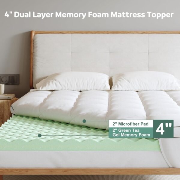 Memory Foam Mattress Topper TwinXL, 4inch Dual Layer Cooling 2''Gel Green Tea Memory Foam & 2" PillowTop Mattress Pad, 8-21inch Deep Pocket, Egg Crate for Back Pain Relief - Image 3
