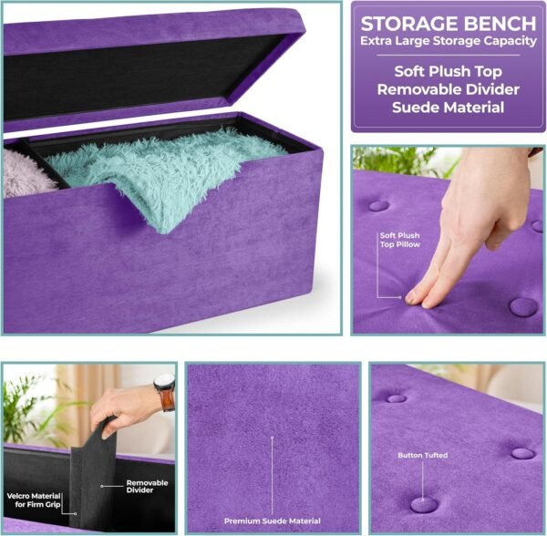 Sorbus Storage Ottoman Bench – Collapsible/Folding Chest with Cover – Perfect Toy and Shoe, Hope Chest, Pouffe Seat, Foot Rest, – Contemporary Faux Suede (Purple) - Image 6