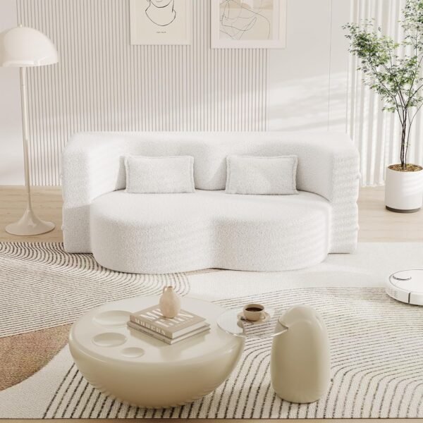 78" Teddy Loveseat Sofa Cloud Couch, 2 in 1 Convertible Sleeper Sofa Bed Full Size, Modern Boucle Floor Sofa Guest Bed with 2 Pillows for Living Room Apartment Office (Beige) - Image 2