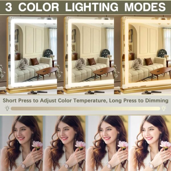 Gold Vanity Mirror with Lights, 32" x 22" Large Lighted Vanity Mirror with Dimmable 3 Modes, LED Makeup Mirror, 10X Magnification, USB Charging Port, Tabletop or Wall-Mounted - Image 4