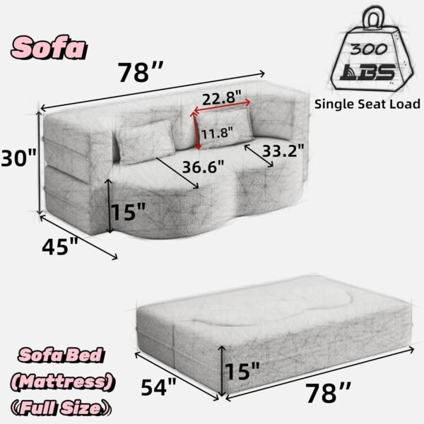 78" Teddy Loveseat Sofa Cloud Couch, 2 in 1 Convertible Sleeper Sofa Bed Full Size, Modern Boucle Floor Sofa Guest Bed with 2 Pillows for Living Room Apartment Office (Beige) - Image 3
