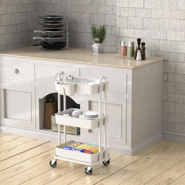 Simple Houseware 3-Tier Kitchen Multifunctional Rolling Utility Cart with Hanging Bucket, White - Image 4