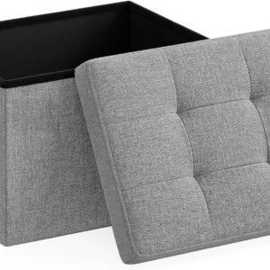SONGMICS Small Folding Storage Ottoman, Foot Rest Stool, 12.2 x 16.1 x 12.2 Inches, 286 lb Load Capacity, for Living Room, Bedroom, Home Office, Dorm, Light Gray ULSF102G02