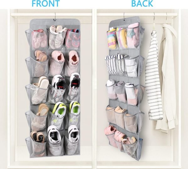 MISSLO 30 Large Pockets Dual Sided Hanging Shoe Organizer for Closet with Rotating Hanger and 10-Shelf Hanging Shoe Rack with Mesh Pockets for Shoes, Folded Clothes and Toys, Grey - Image 4