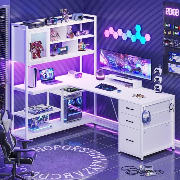 SEDETA L Shaped Computer Desk, 58'' Office Desk with 3 Drawers and Bookshelf, L Shaped Corner Desk with Storage Shelves and LED Light for Home Office, Gaming Desk, L Desk, White - Image 8