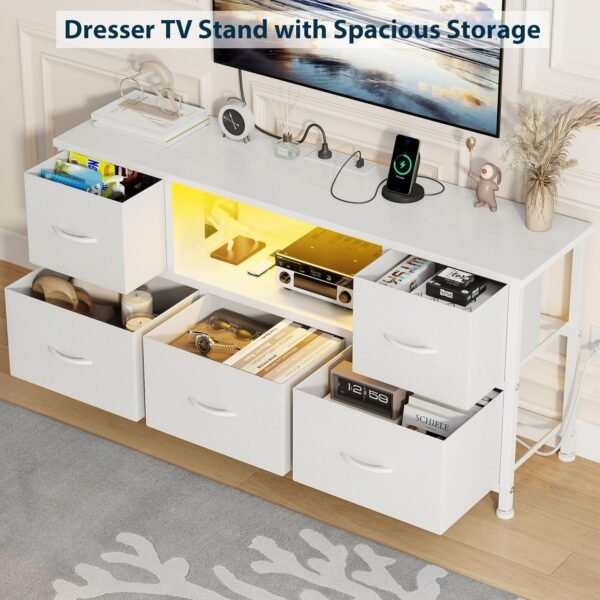 Lulive TV Stand Bedroom, White Dresser TV Stands LED, Small TV Stand with 5 Drawers Storage for 50 55″ TV, TV Stand Living Room w/Power Outlets, Open Shelve, Entertainment Center with Storage - Image 3