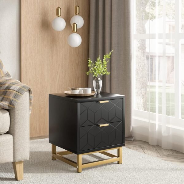 IDEALHOUSE Black Nightstand, Modern 2 Drawer Dresser for Bedroom, Large End Side Table Bedside Table with 2 Drawers, Wooden Night Stand with Metal Legs for Bedroom, Hallway, Entryway - Image 2