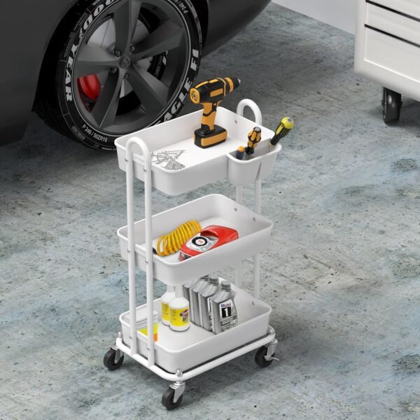 Simple Houseware 3-Tier Kitchen Multifunctional Rolling Utility Cart with Hanging Bucket, White - Image 5